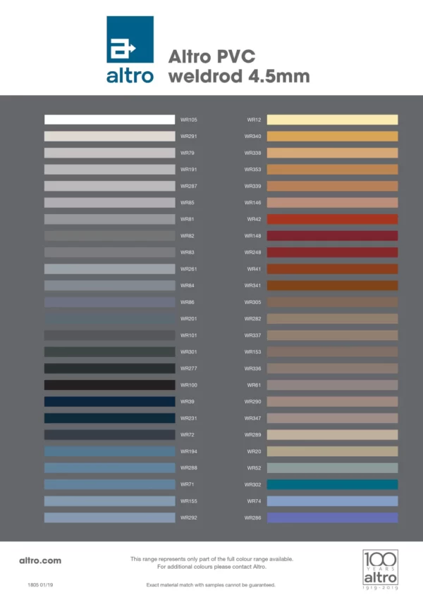 ALTRO PVC Weld Rod Colour Chart